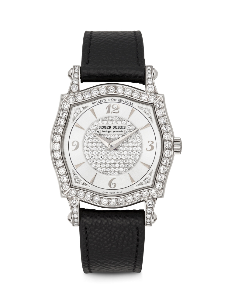 ROGER DUBUIS. AN 18K WHITE GOLD AND DIAMOND-SET AUTOMATIC WRISTWATCH
