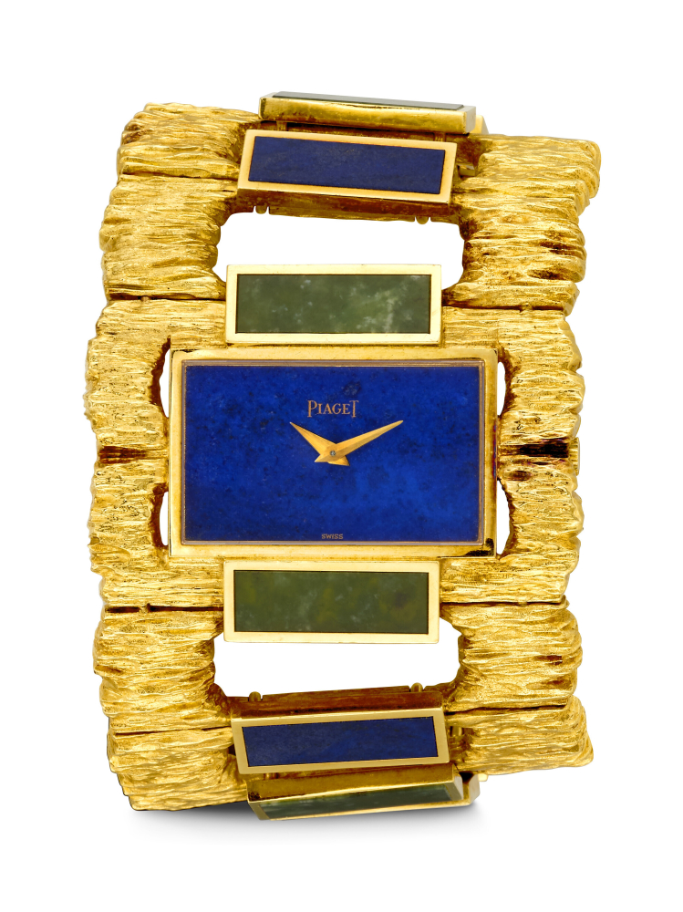 PIAGET. AN ATTRACTIVE 18K GOLD, LAPIS LAZULI AND JADEITE BRACELET WATCH
