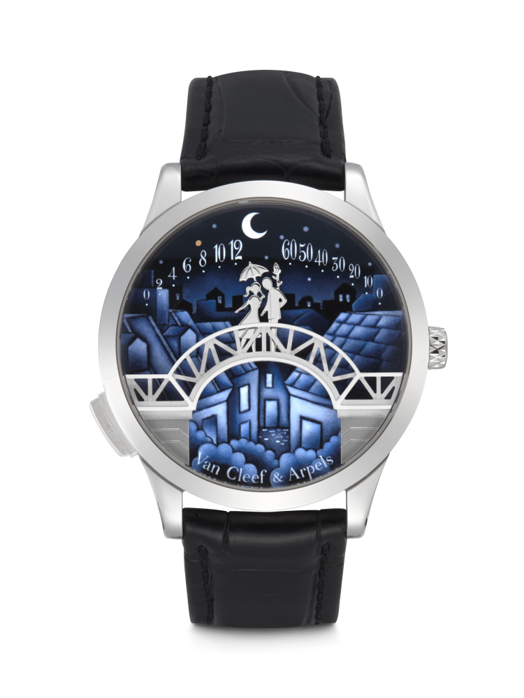 VAN CLEEF & ARPELS. A RARE, ATTRACTIVE AND COMPLICATED 18K WHITE GOLD AUTOMATIC AUTOMATON DOUBLE RETROGRADE WRISTWATCH WITH ENAMEL DIAL