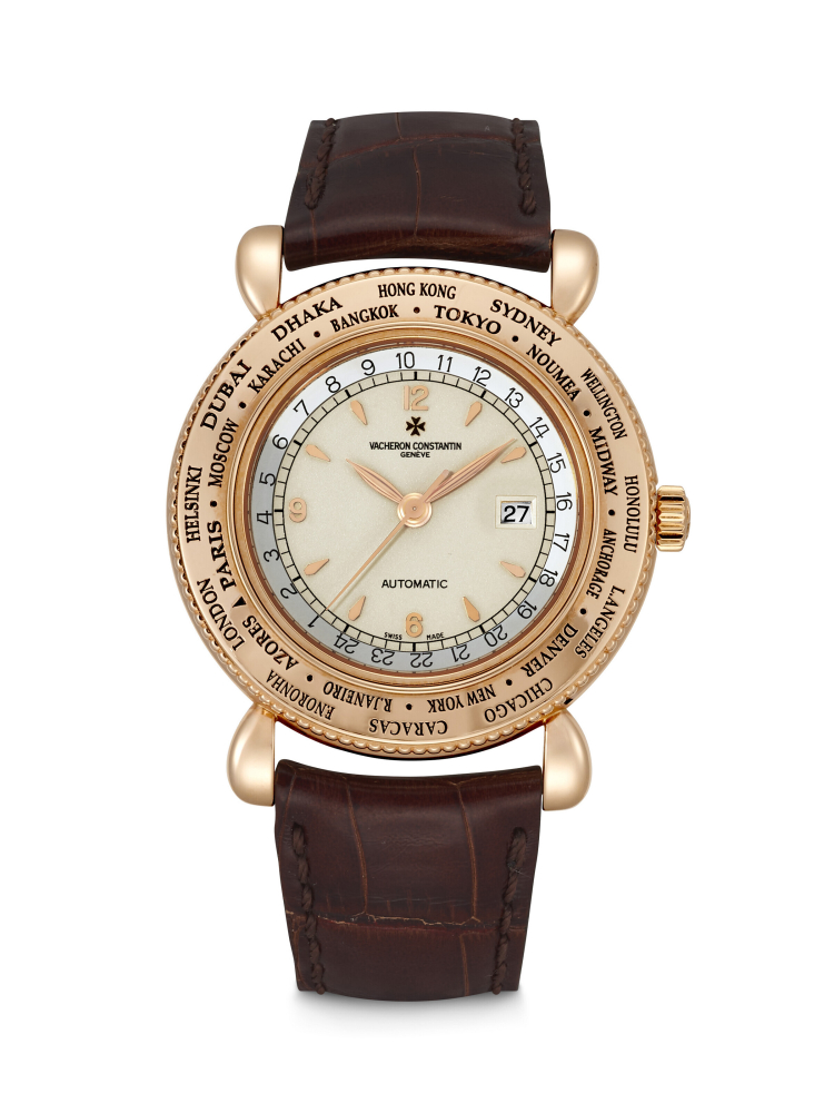 VACHERON CONSTANTIN. A RARE 18K PINK GOLD LIMITED EDITION AUTOMATIC WORLD TIME WRISTWATCH WITH SWEEP CENTRE SECONDS, 24 HOUR INDICATION AND DATE