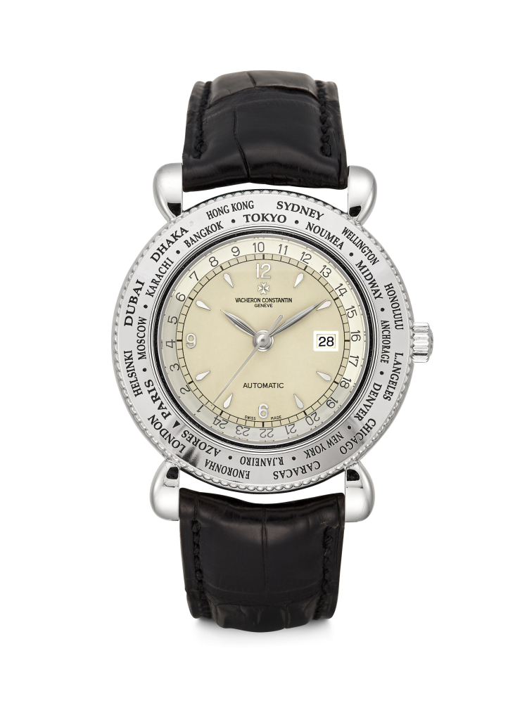 VACHERON CONSTANTIN. A RARE 18K WHITE GOLD LIMITED EDITION AUTOMATIC WORLD TIME WRISTWATCH WITH SWEEP CENTRE SECONDS, 24 HOUR INDICATION AND DATE