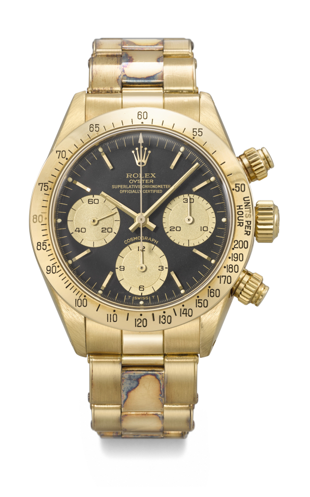 ROLEX. A VERY RARE AND EXTREMELY WELL PRESERVED 18K GOLD CHRONOGRAPH WRISTWATCH WITH BRACELET