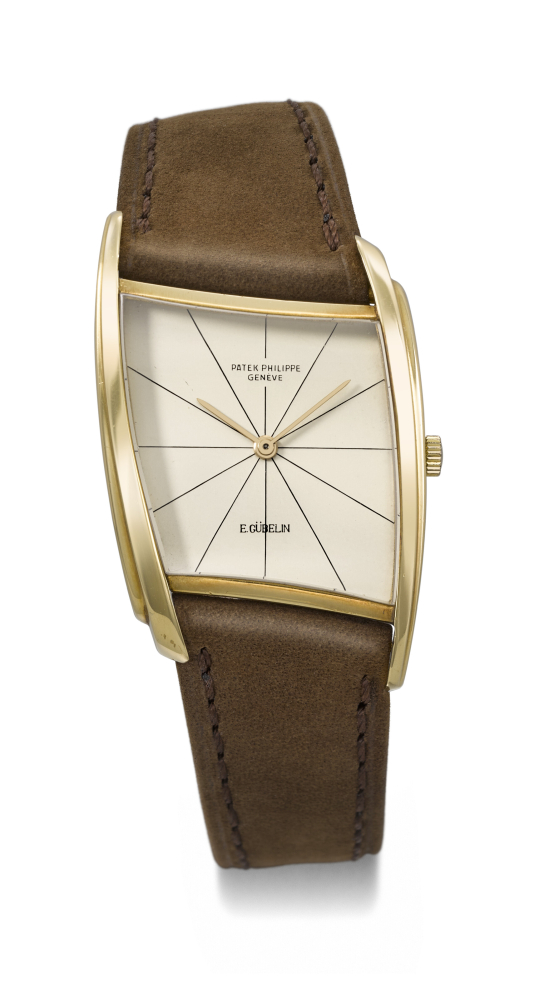 PATEK PHILIPPE. A VERY RARE AND UNUSUAL 18K GOLD ASYMMETRICAL WRISTWATCH, DESIGNED BY GILBERT ALBERT