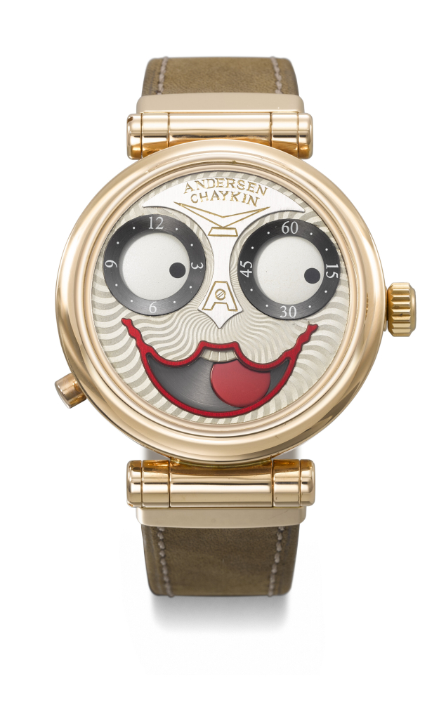 ANDERSEN GENEVE & KONSTANTIN CHAYKIN. A REMARKABLE AND PLAYFUL 18K RED GOLD LIMITED EDITION DOUBLE SIDED WRISTWATCH WITH INDEPENDENT AUTOMATON AND MOON PHASES