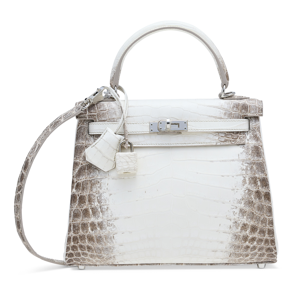 A RARE, MATTE WHITE HIMALAYA NILOTICUS CROCODILE RETOURNÉ KELLY 25 WITH PALLADIUM HARDWARE