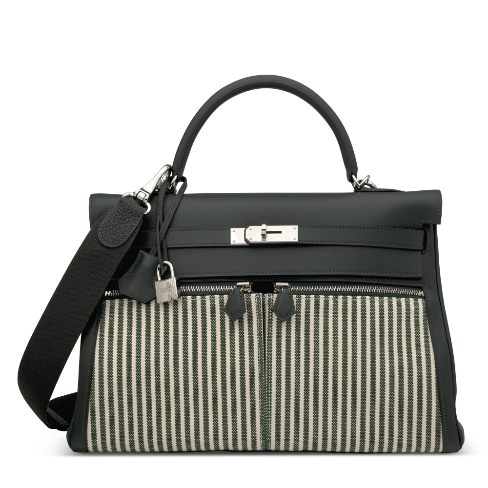A LIMITED EDITION VERT ANGLAIS SWIFT LEATHER & TOILE RIGA KELLY LAKIS 35 WITH PALLADIUM HARDWARE