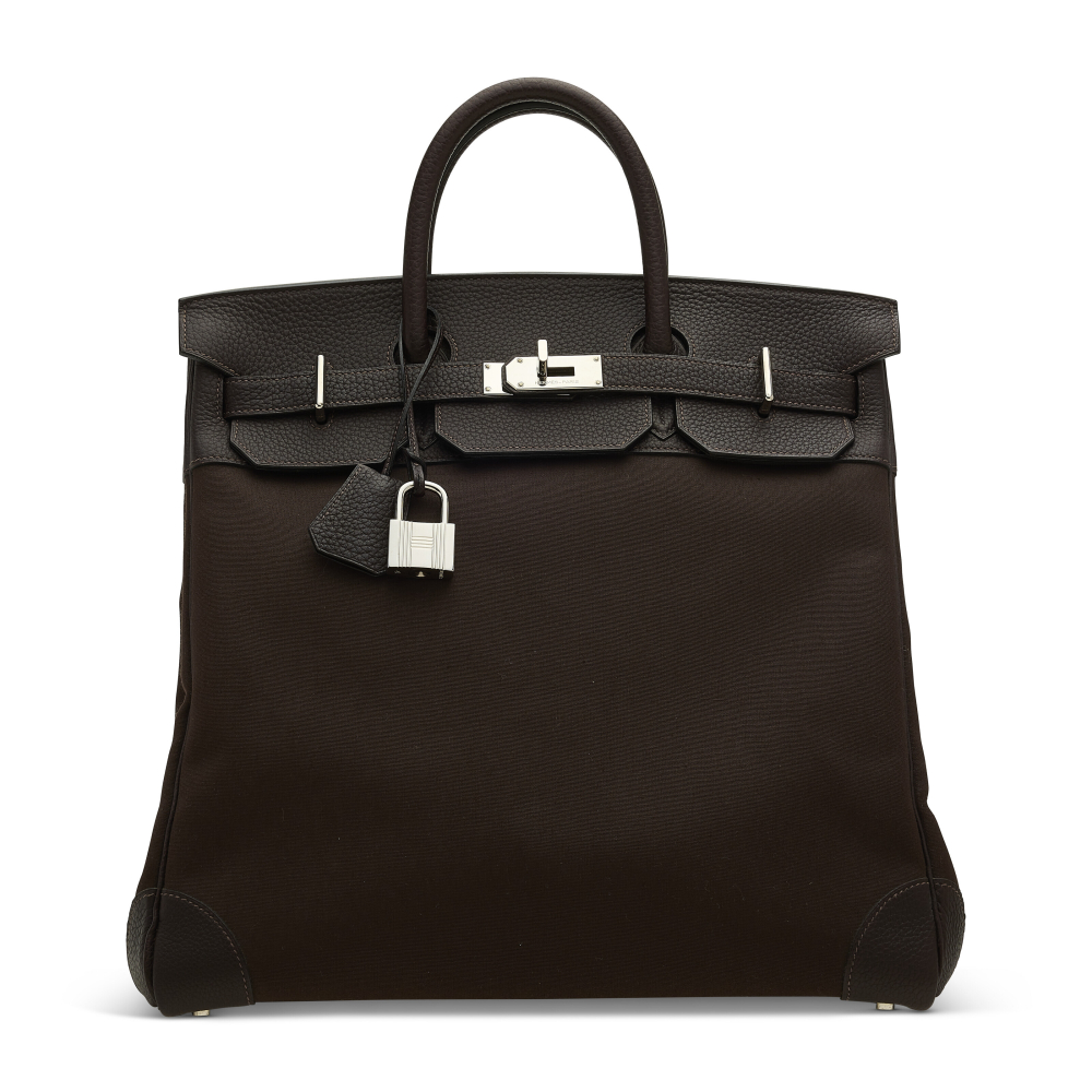 AN ÉBÈNE CLÉMENCE LEATHER & TOILE HAC BIRKIN 40 WITH PALLADIUM HARDWARE