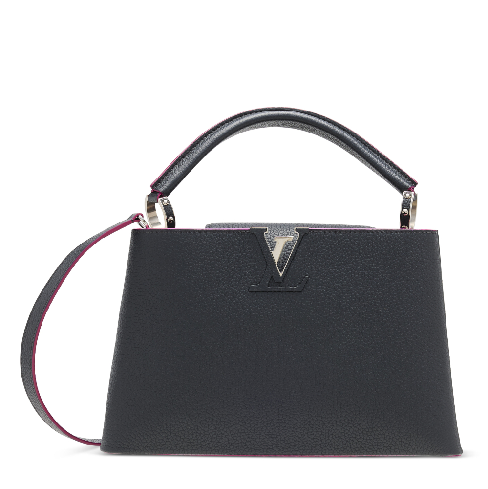 A COLBALT & FUCHSIA TAURILLON LEATHER CAPUCINES PM WITH SILVER HARDWARE