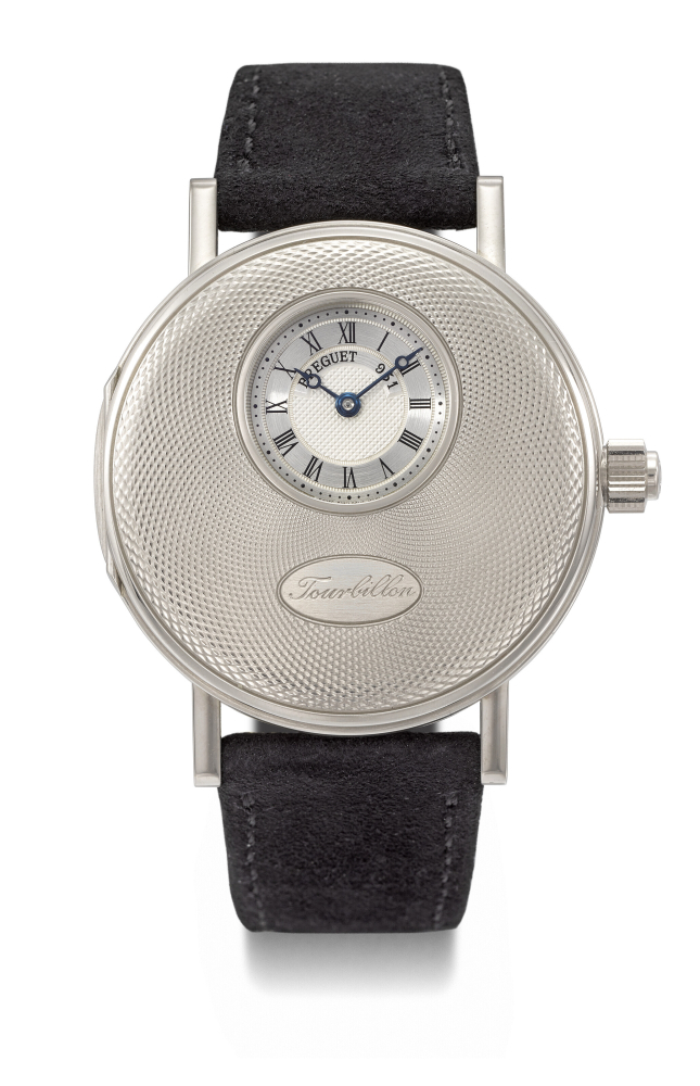 BREGUET. A VERY RARE AND UNUSUAL 18K WHITE GOLD SPECIAL EDITION HALF HUNTER CASE TOURBILLON WRISTWATCH