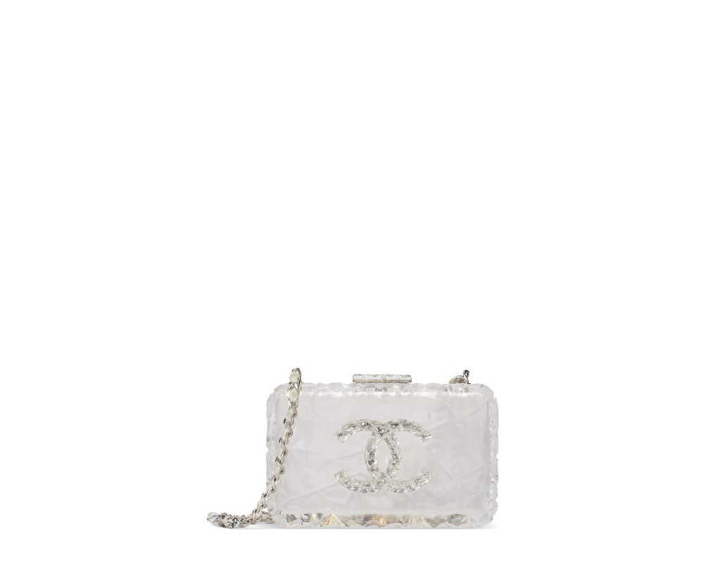 A RARE, RUNWAY ACRYLIC & CRYSTAL CC ICE CUBE CLUTCH WITH SILVER HARDWARE, CHANEL, FALL 2010