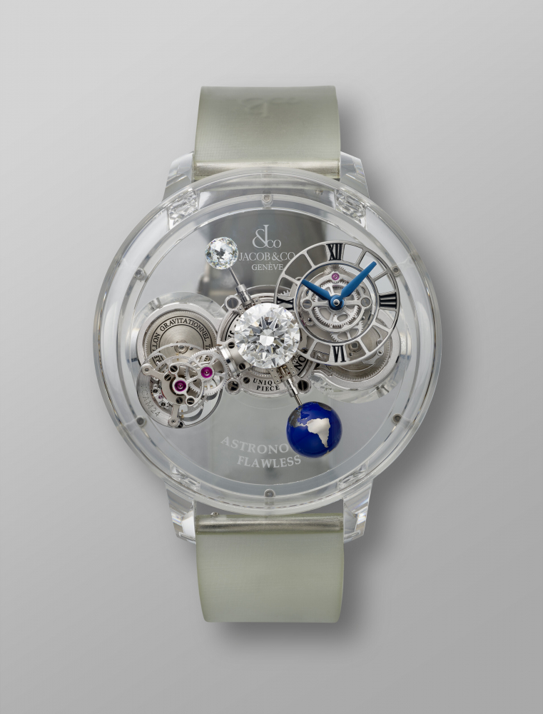 JACOB & CO, MAGNIFICIENT AND UNIQUE SAPPHIRE TRIPLE AXIS TOURBILLON ‘ASTRONOMIA FLAWLESS’ WITH A 3.02 CARAT D FLAWLESS DIAMOND AND A 1.00 CARAT 'JACOB CUT' DIAMOND WITH 288 FACETS, REF. AT125.80.AA.UG.B, UNIQUE PIECE -