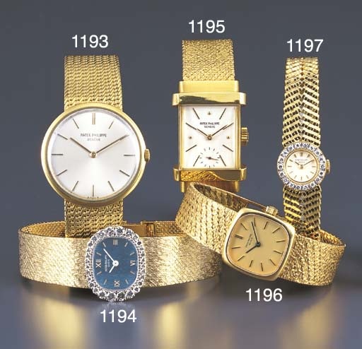 PATEK PHILIPPE. A LADY'S 18K GOLD AND DIAMOND-SET CUSHION-SHAPED WRISTWATCH WITH BRACELET