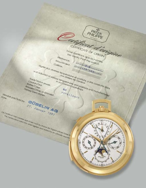 Patek Philippe. A possibly unique, large and heavy 18K gold openface minute repeating perpetual calendar split second chronograph keyless lever watch with phases of the moon and original certificate