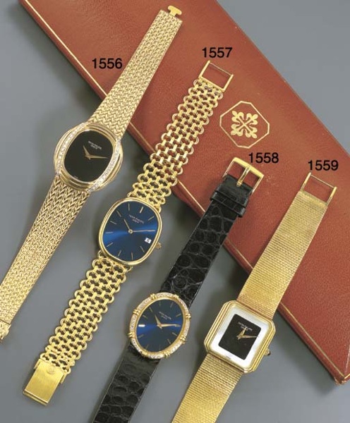 PATEK PHILIPPE. A LADY'S 18K GOLD AND DIAMOND-SET OVAL WRISTWATCH WITH BRACELET AND ONYX DIAL