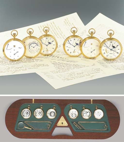 BREGUET. A VERY RARE AND IMPORTANT SET OF SIX 18K GOLD SELF-WINDING OPENFACE WATCHES