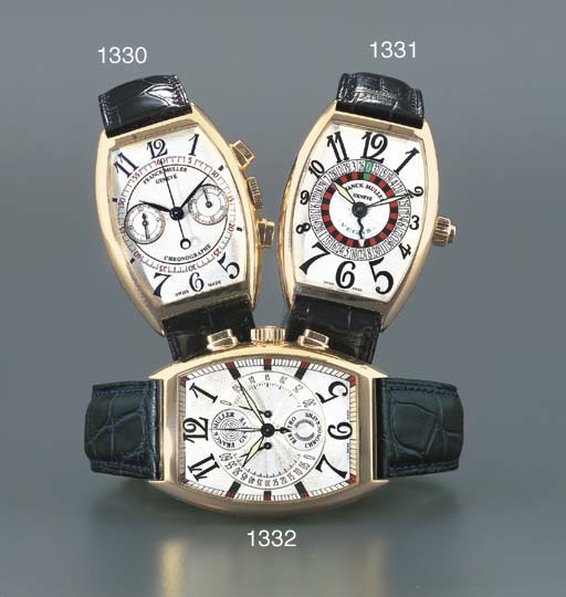 FRANCK MULLER. A FINE 18K PINK GOLD TONNEAU-SHAPED SELF-WINDING BI-RETRO CHRONOGRAPH WRISTWATCH