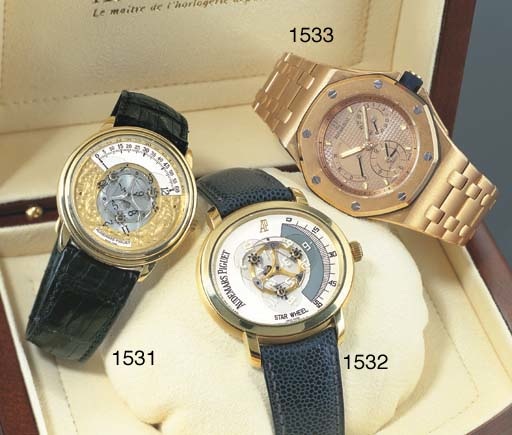 AUDEMARS PIGUET. A FINE 18K PINK GOLD OCTAGONAL SELF-WINDING DUAL TIME WRISTWATCH WITH POWER RESERVE, DATE AND BRACELET