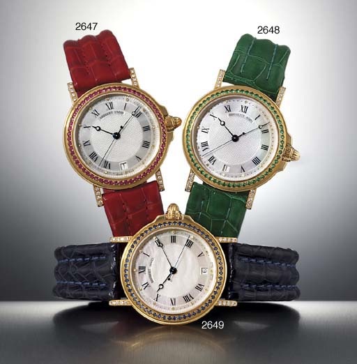 BREGUET. A FINE 18K GOLD, DIAMOND AND SAPPHIRE-SET AUTOMATIC WRISTWATCH WITH SWEEP CENTRE SECONDS, DATE AND MOTHER-OF-PEARL DIAL