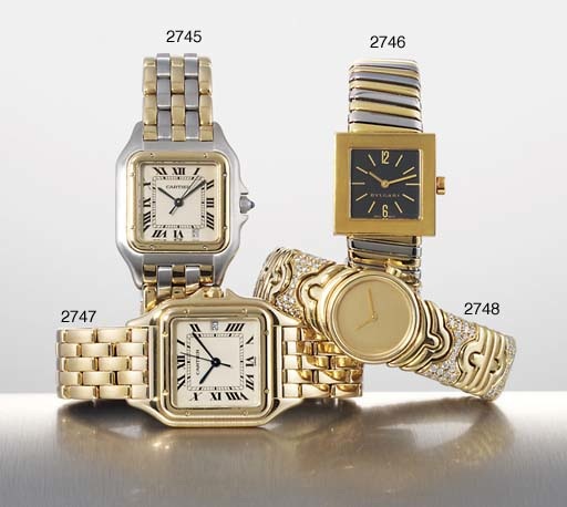 BULGARI. A LADY'S 18K GOLD AND STAINLESS STEEL SQUARE BANGLE-WATCH