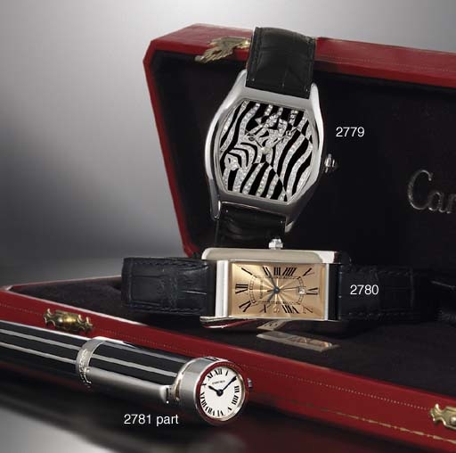CARTIER. A RARE LIMITED EDITION 18K WHITE GOLD TONNEAU-SHAPED WRISTWATCH WITH SWEEP CENTRE SECONDS AND CHAMPLEVE ENAMEL AND DIAMOND-SET DIAL