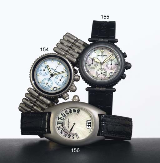 GERALD GENTA. A BLACKENED STEEL AND MOTHER-OF-PEARL CHRONOGRAPH WRISTWATCH WITH DATE