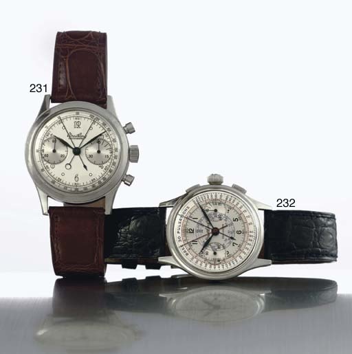 BREITLING. A RARE AND LARGE STAINLESS STEEL SPLIT SECONDS CHRONOGRAPH WRISTWATCH