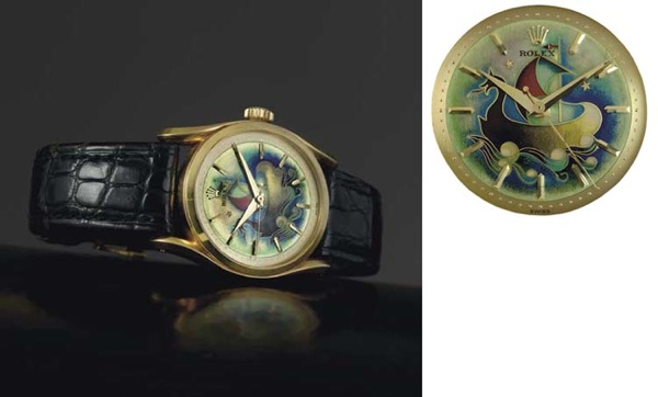 ROLEX. A VERY FINE AND RARE 18K GOLD AUTOMATIC WRISTWATCH WITH CENTER SECONDS AND CLOISONN