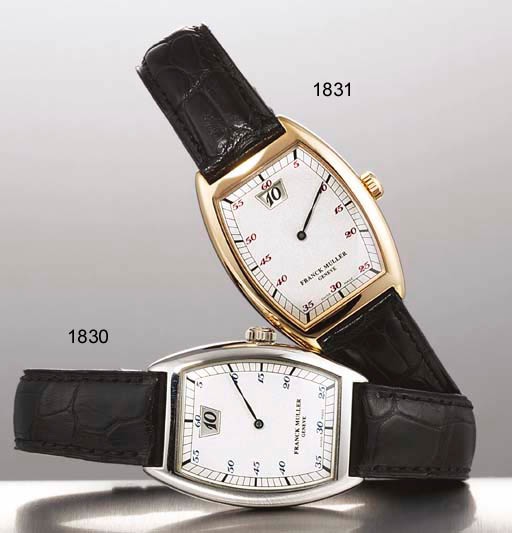 FRANCK MULLER. A FINE PLATINUM TONNEAU-SHAPED JUMP HOUR WRISTWATCH
