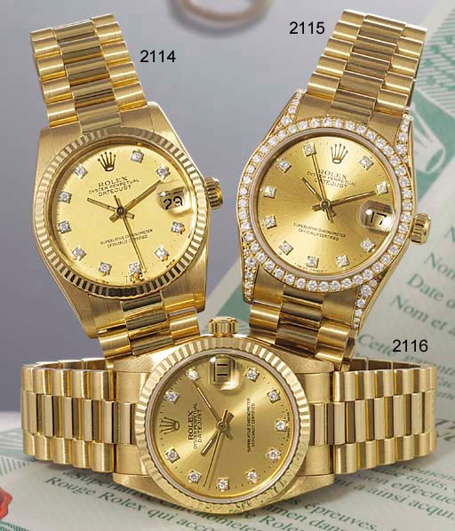 ROLEX. A MID-SIZE 18K GOLD AND DIAMOND-SET AUTOMATIC WRISTWATCH WITH SWEEP CENTRE SECONDS, DATE AND BRACELET