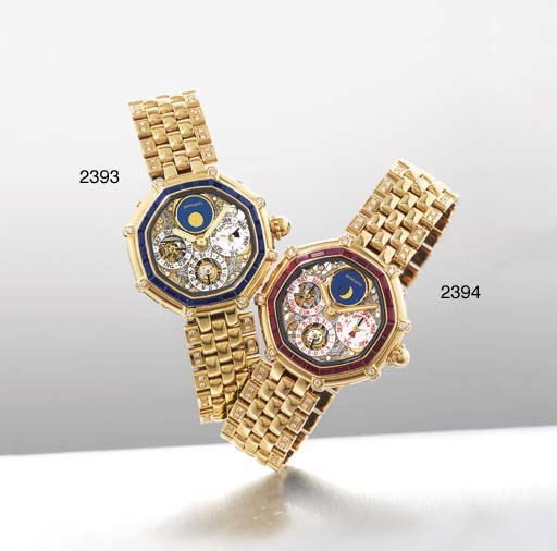 GERALD GENTA. A FINE 18K PINK GOLD, DIAMOND AND RUBY-SET OCTAGONAL AUTOMATIC SKELETONISED PERPETUAL CALENDAR WRISTWATCH WITH PHASES OF THE MOON AND BRACELET