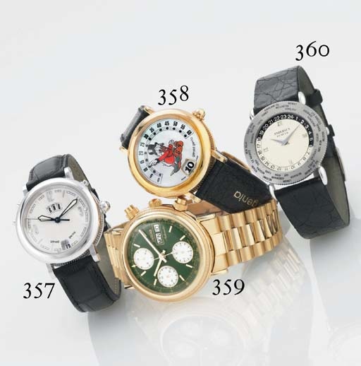 JAGUAR. AN 18K GOLD AND MOTHER-OF-PEARL AUTOMATIC CHRONOGRAPH WRISTWATCH WITH DAY, DATE AND GREEN DIAL