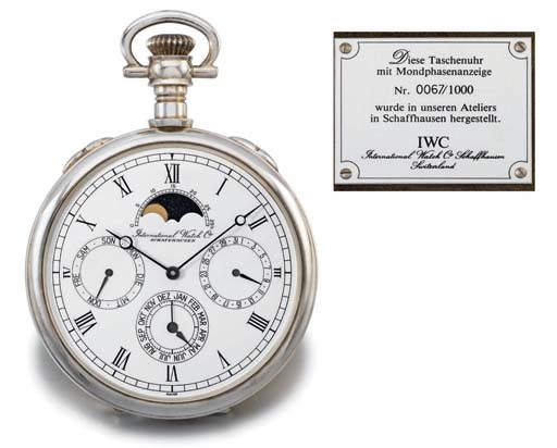 IWC. A fine silver limited edition openface full calendar keyless lever watch with phases of the moon, original certificate and box