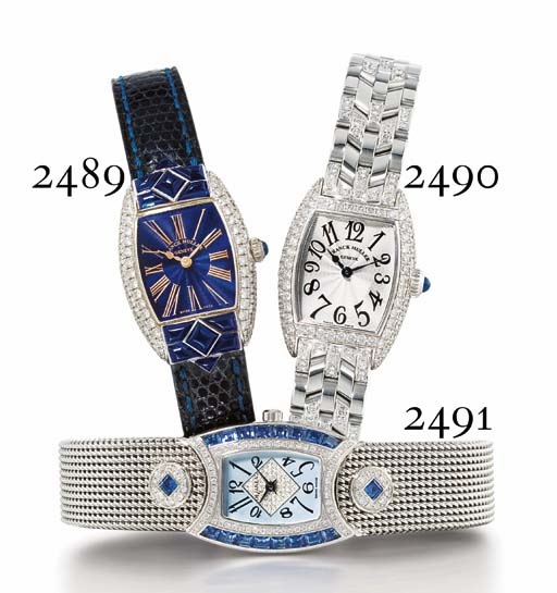 FRANCK MULLER. A LADY'S 18K WHITE GOLD AND DIAMOND-SET TONNEAU-SHAPED WRISTWATCH WITH BRACELET
