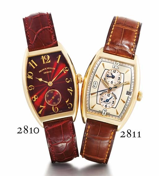 FRANCK MULLER. A FINE 18K PINK GOLD TONNEAU-SHAPED AUTOMATIC WRISTWATCH WITH BURGUNDY GUILLOCH