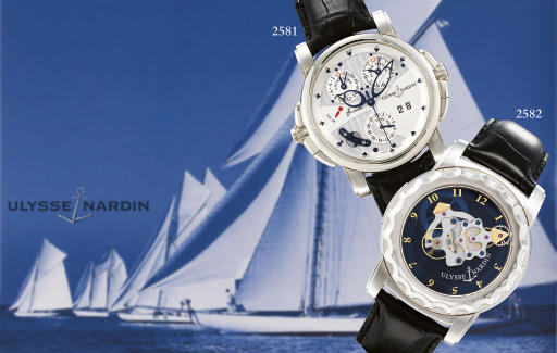 ULYSSE NARDIN. A RARE 18K WHITE GOLD AUTOMATIC TWO TIME ZONE WRISTWATCH WITH CENTRE SECONDS, MUSICAL ALARM AND COUNTDOWN INDICATOR