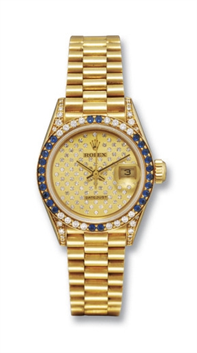 ROLEX, OYSTER PERPETUAL DATEJUST, REF. 69038.LADY'S 18K GOLD, DIAMOND AND SAPPHIRE-SET SELF-WINDING TONNEAU-SHAPED BRACELET WATCH WITH SWEEP SECONDS AND DATE DISPLAY