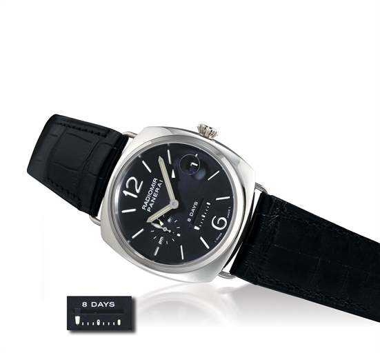 PANERAI, RADIOMIR 8 DAYS GMT.18K WHITE GOLD MANUAL-WINDING CUSHION-SHAPED TWO-TIME-ZONE WRISTWATCH WITH DATE, AM/PM INDICATION AND EIGHT-DAY POWER-RESERVE, UNIQUE EDITION OF 250 PIECES