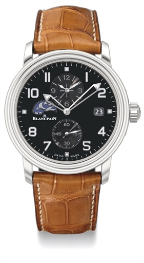 Blancpain. A stainless steel automatic dual time wristwatch with date and moon phases