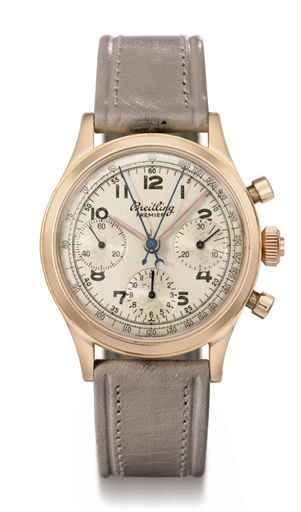 Breitling. A fine and rare 18K pink gold split seconds chronograph wristwatch with two-tone silvered dial and registers