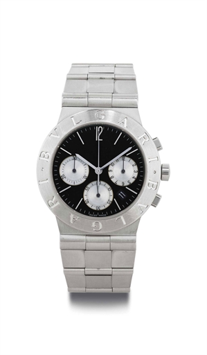 BULGARI. A STAINLESS STEEL CHRONOGRAPH WRISTWATCH WITH DATE AND BRACELET