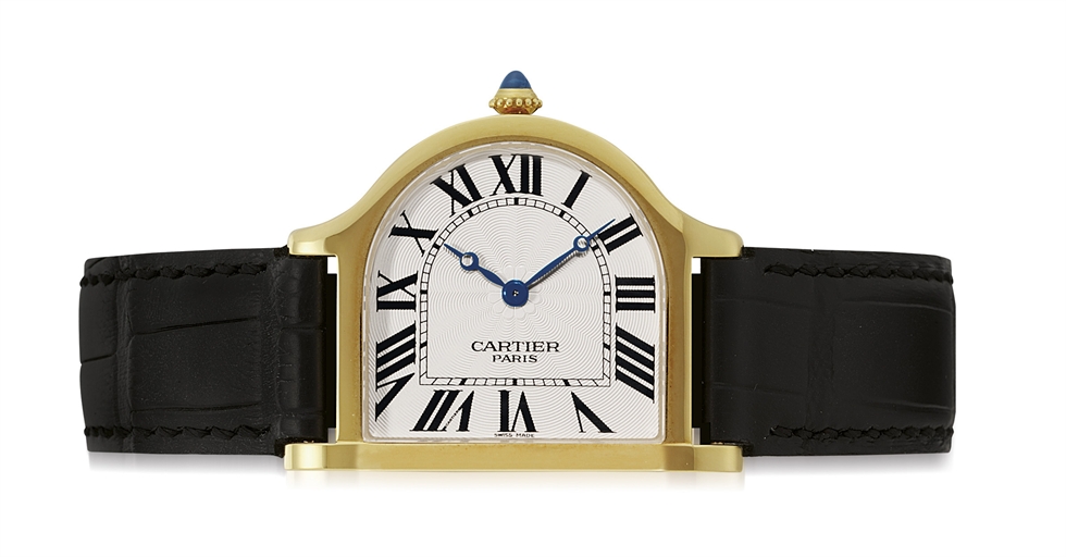 CARTIER. A FINE AND RARE 18K GOLD LIMITED EDITION BELL-SHAPED WRISTWATCH