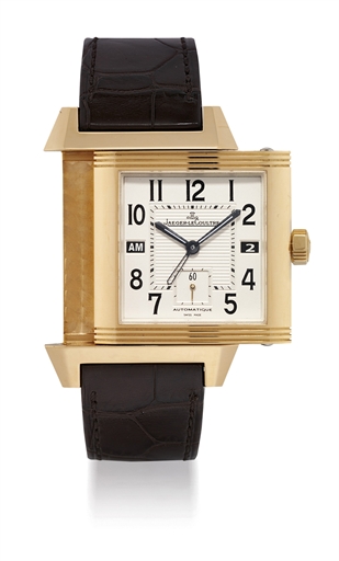 JAEGER-LECOULTRE. A LARGE 18K PINK GOLD AUTOMATIC DUAL TIME REVERSO WRISTWATCH WITH DATE
