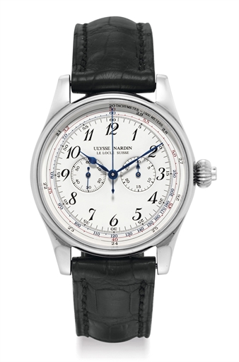 ULYSSE NARDIN. A FINE AND RARE 18K WHITE GOLD LIMITED EDITION SINGLE BUTTON CHRONOGRAPH WRISTWATCH