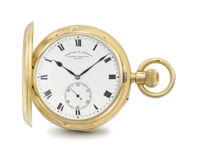 Parkinson & Frodsham. An impressive, large and rare 18K gold hunter case two train minute repeating keyless lever grande and petite sonnerie clock watch