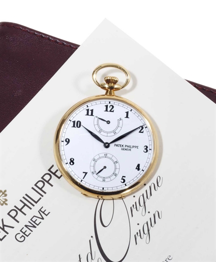 Patek Philippe. A Fine And Rare 18k Gold Openface Keyless Lever Pocket Watch With Power Reserve, Original Certificate and Presentation Box