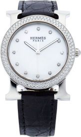 Hermes Diamond & Stainless Steel H Hour Round Watch with Black.Crocodile Strap.