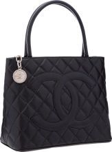 Chanel Black Caviar Leather Medallion Tote Bag with Silver.Hardware.