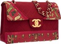 Chanel Red Quilted Wool & Floral Canvas Maxi Single Flap Bag.with Gold Hardware.