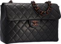 Chanel Black Quilted Caviar Leather Jumbo Single Flap Bag with.Wooden Hardware.