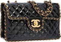 Chanel Black Quilted Patent Leather Maxi Single Flap Bag with Gold.Hardware.